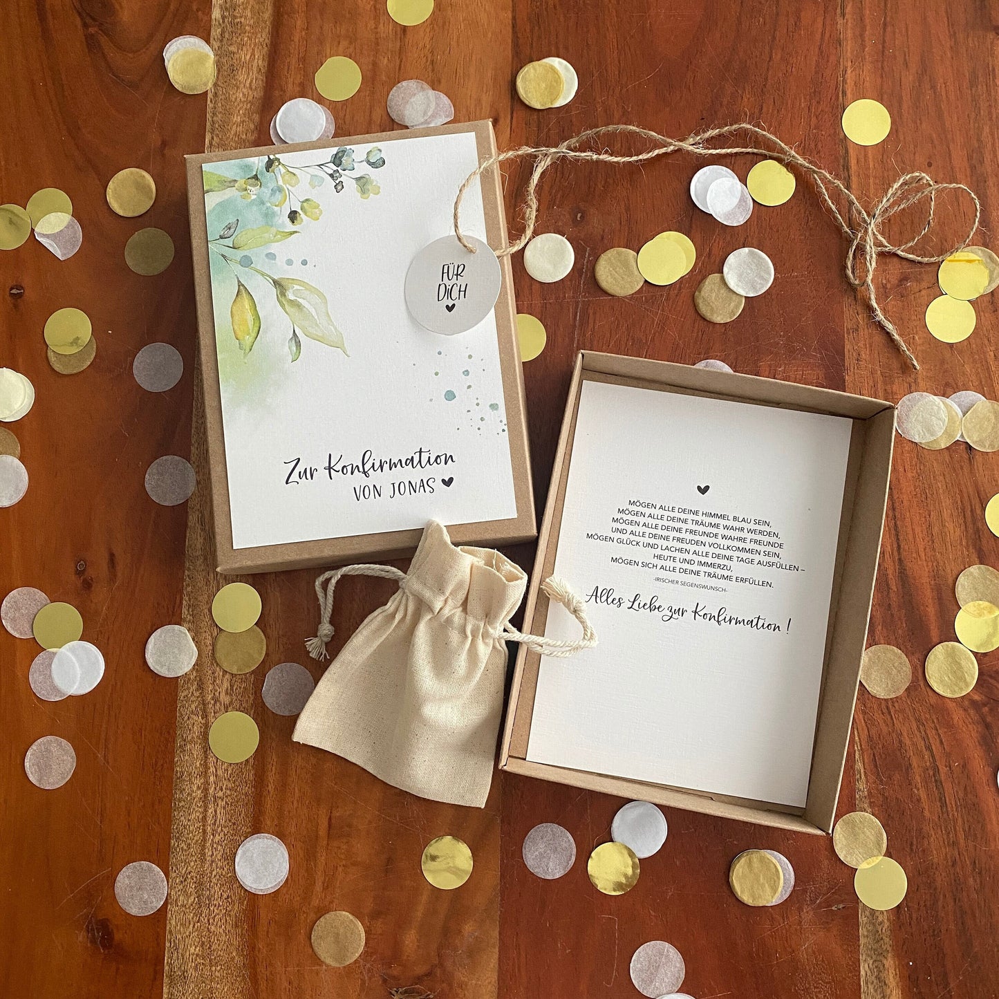 Geschenkverpackung - green leaves - Geschenk zur Konfirmation Kommunion