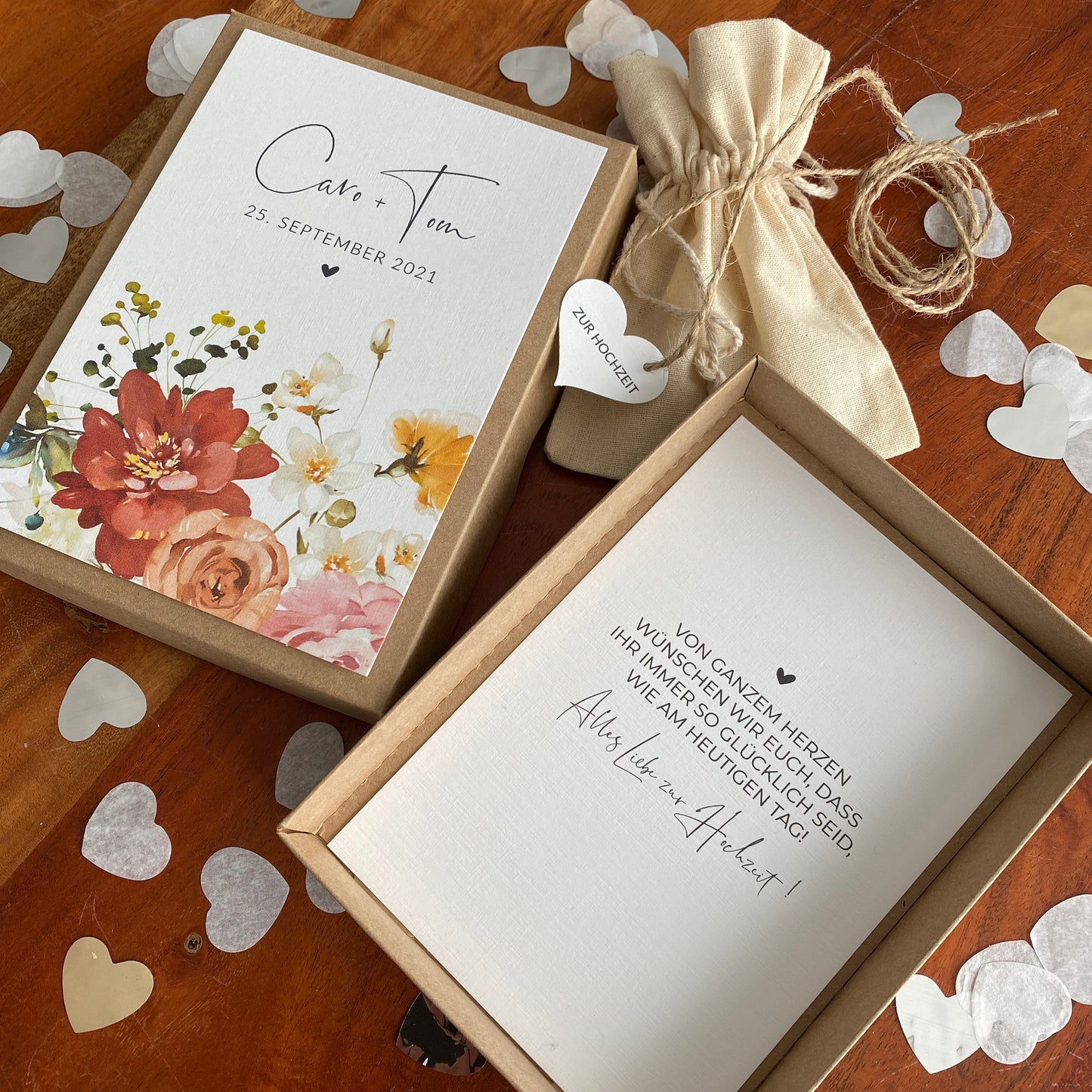 Geschenkverpackung -colorful flowers- | Geschenkbox | Geschenk zur Hochzeit | Geldgeschenk | individuell & personalisiert mit Namen + Datum