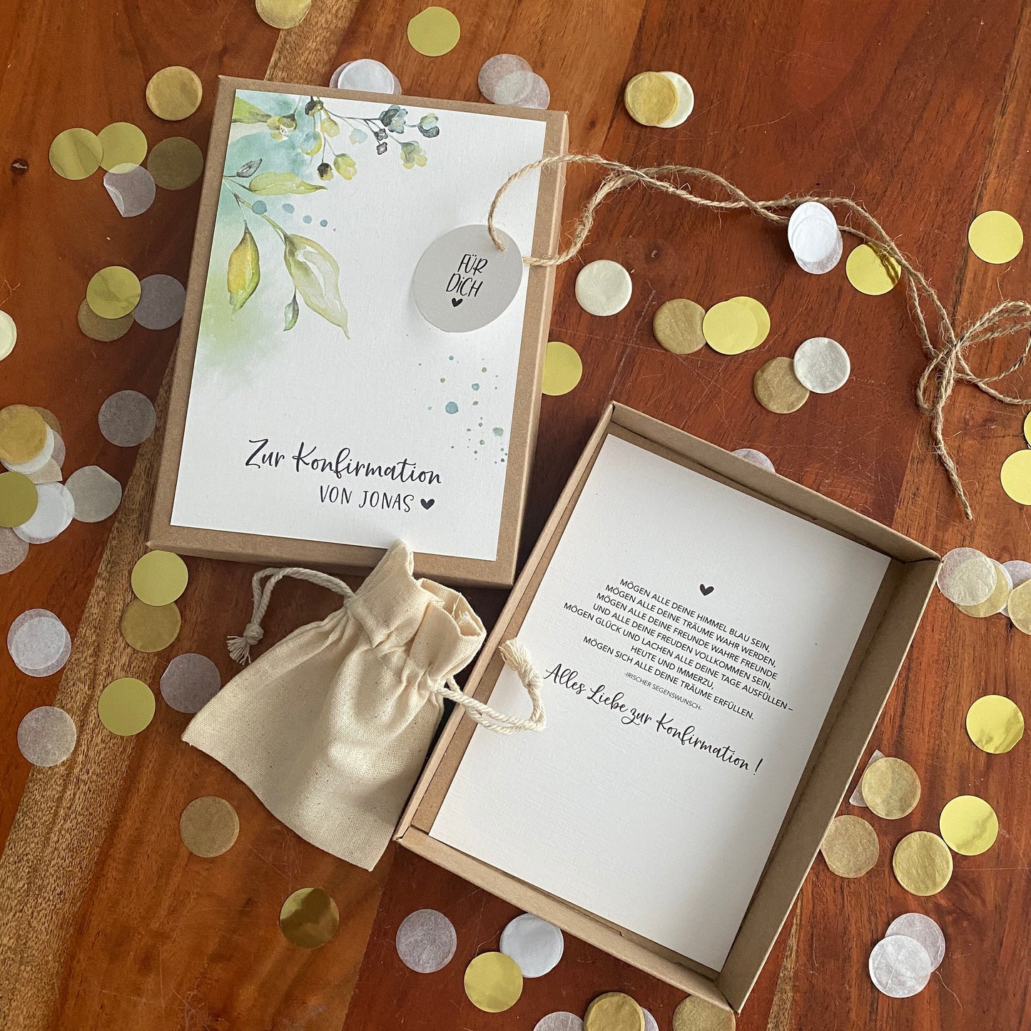 Geschenkverpackung - green leaves - Geschenk zur Konfirmation Kommunion