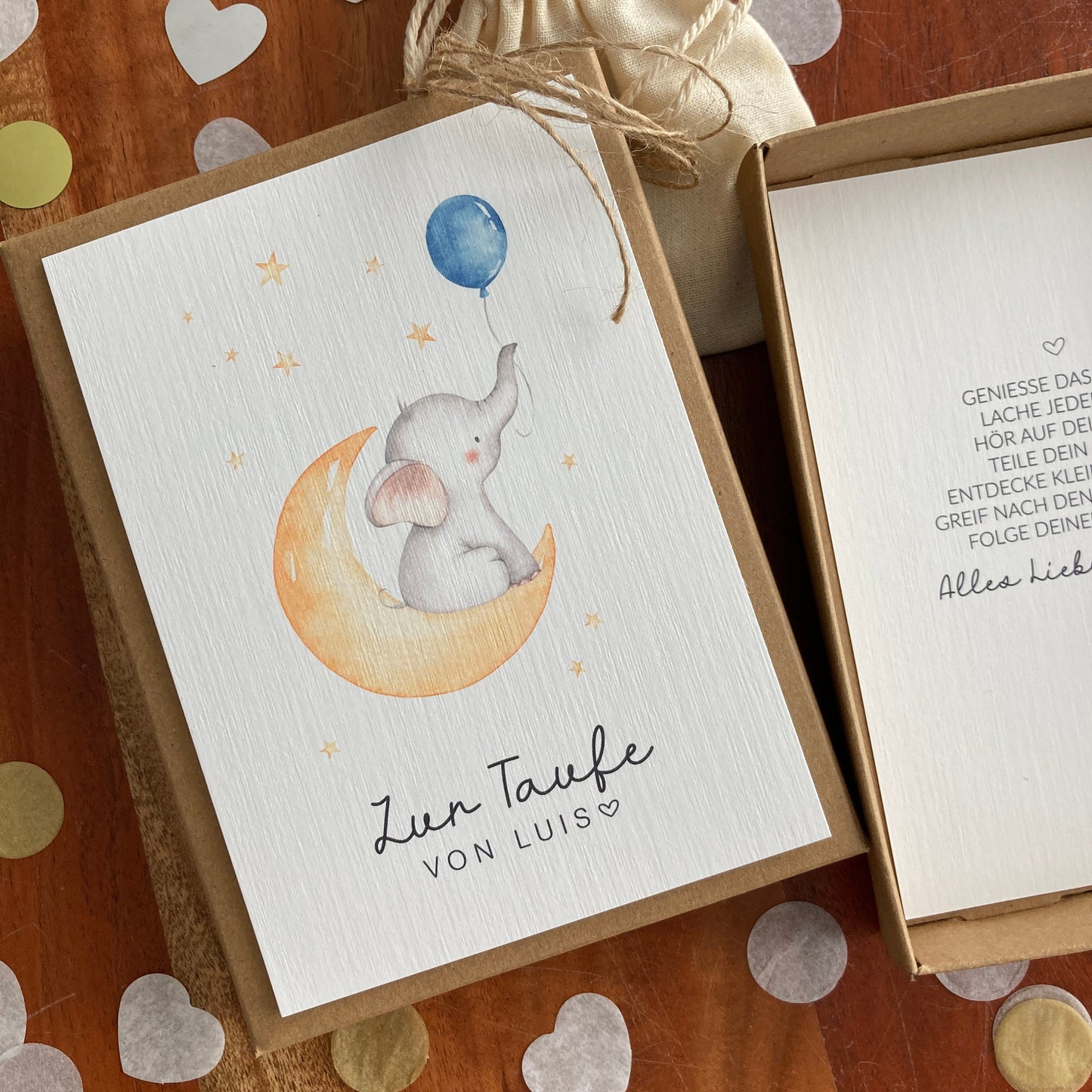 Geschenkverpackung - Elefant mit blauem Ballon - Geschenk zur Taufe