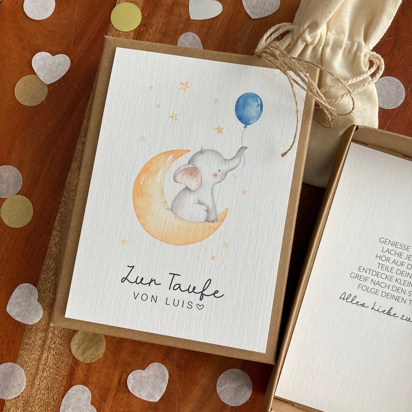 Geschenkverpackung - Elefant mit blauem Ballon - Geschenk zur Taufe