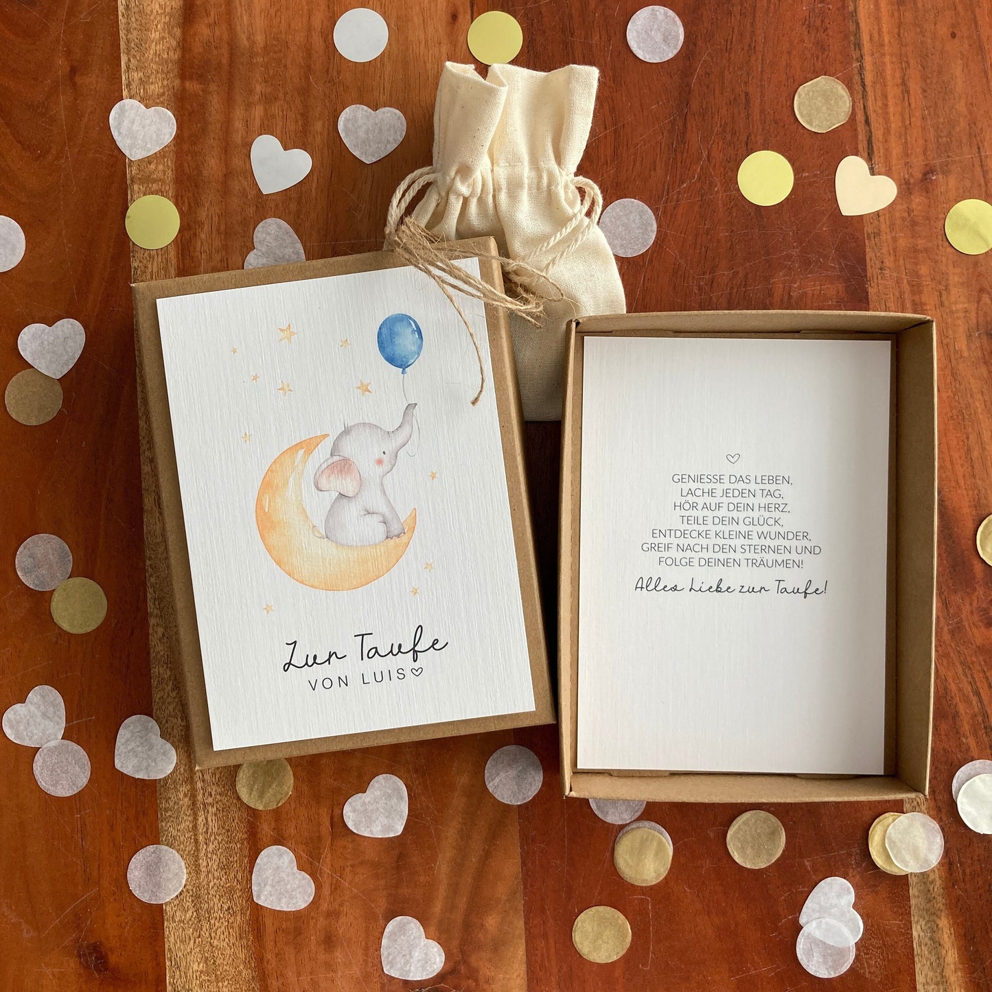 Geschenkverpackung - Elefant mit blauem Ballon - Geschenk zur Taufe
