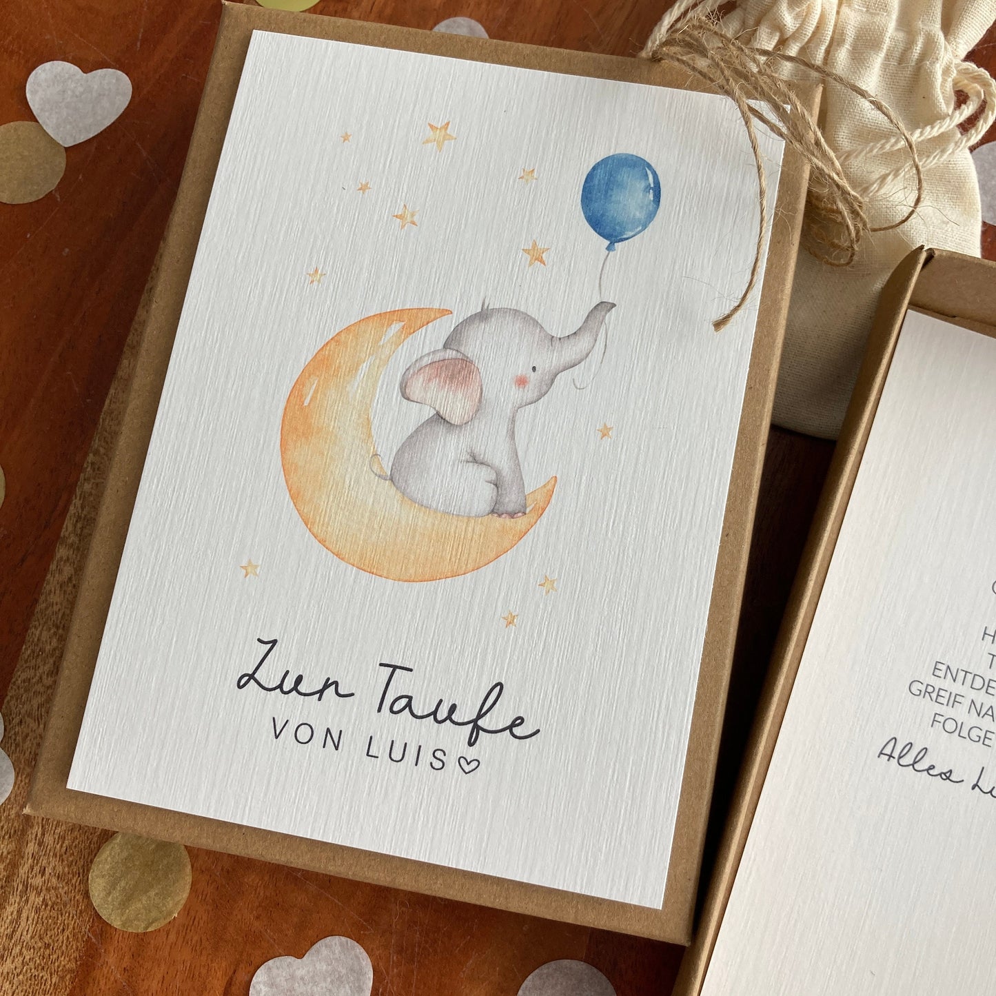 Geschenkverpackung - Elefant mit blauem Ballon - | Geschenkbox | Geschenk zur Taufe | Geldgeschenk | individuell & personalisiert mit Namen
