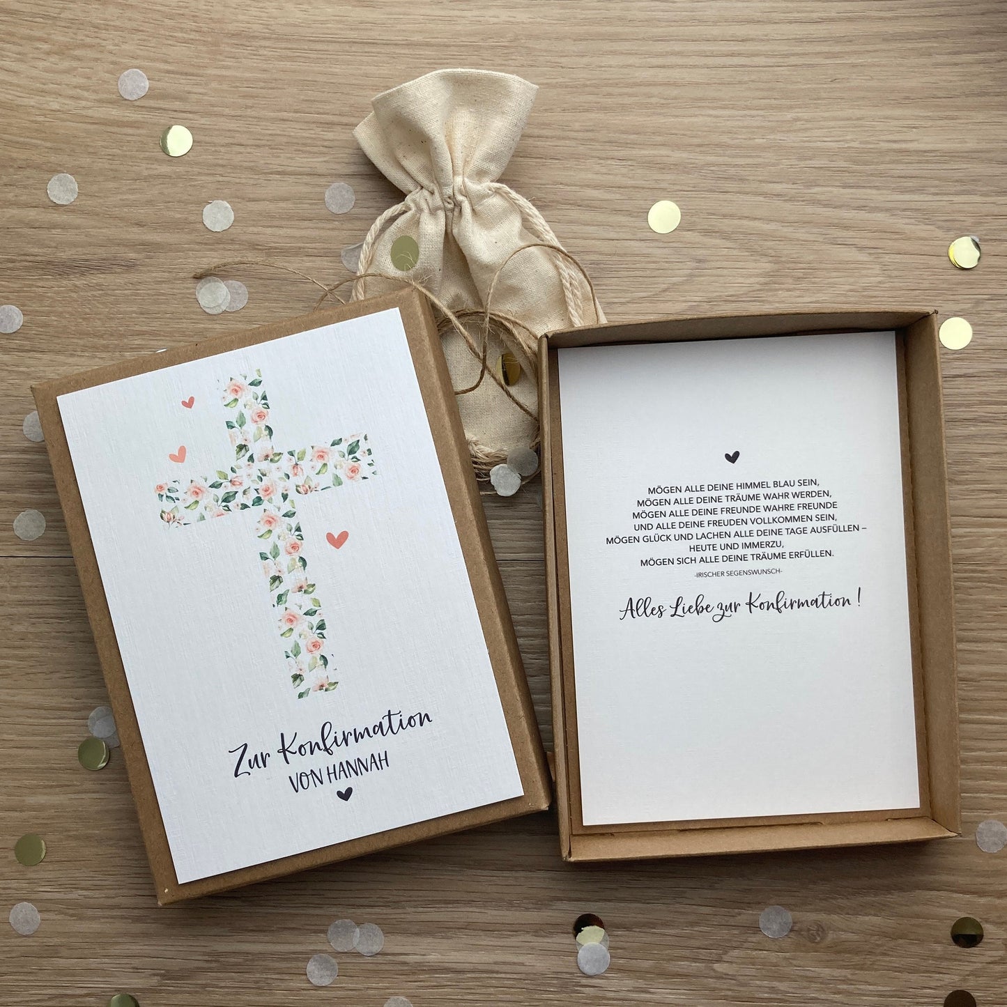 Geschenkverpackung - cross of leaves & roses - | Geschenkbox | Geschenk zur Konfirmation Kommunion | Geldgeschenk | personalisiert mit Namen