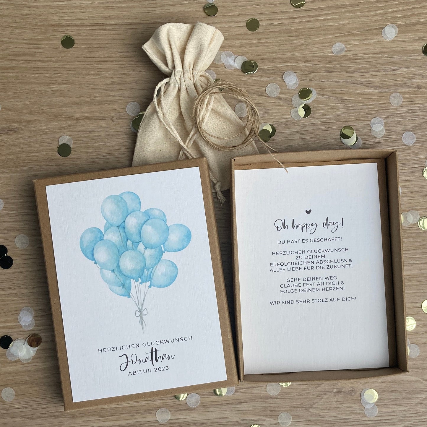 Geschenkverpackung - Abschluss Ballons blau - | Geschenkbox | Geschenk Abitur Bachelor Master | Geldgeschenk | personalisiert mit Namen